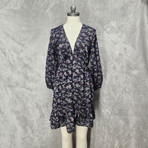 Angie Womens Black Floral V-Neck Ruffle Hem Mini Dress Whimsigoth Sheer Dainty L